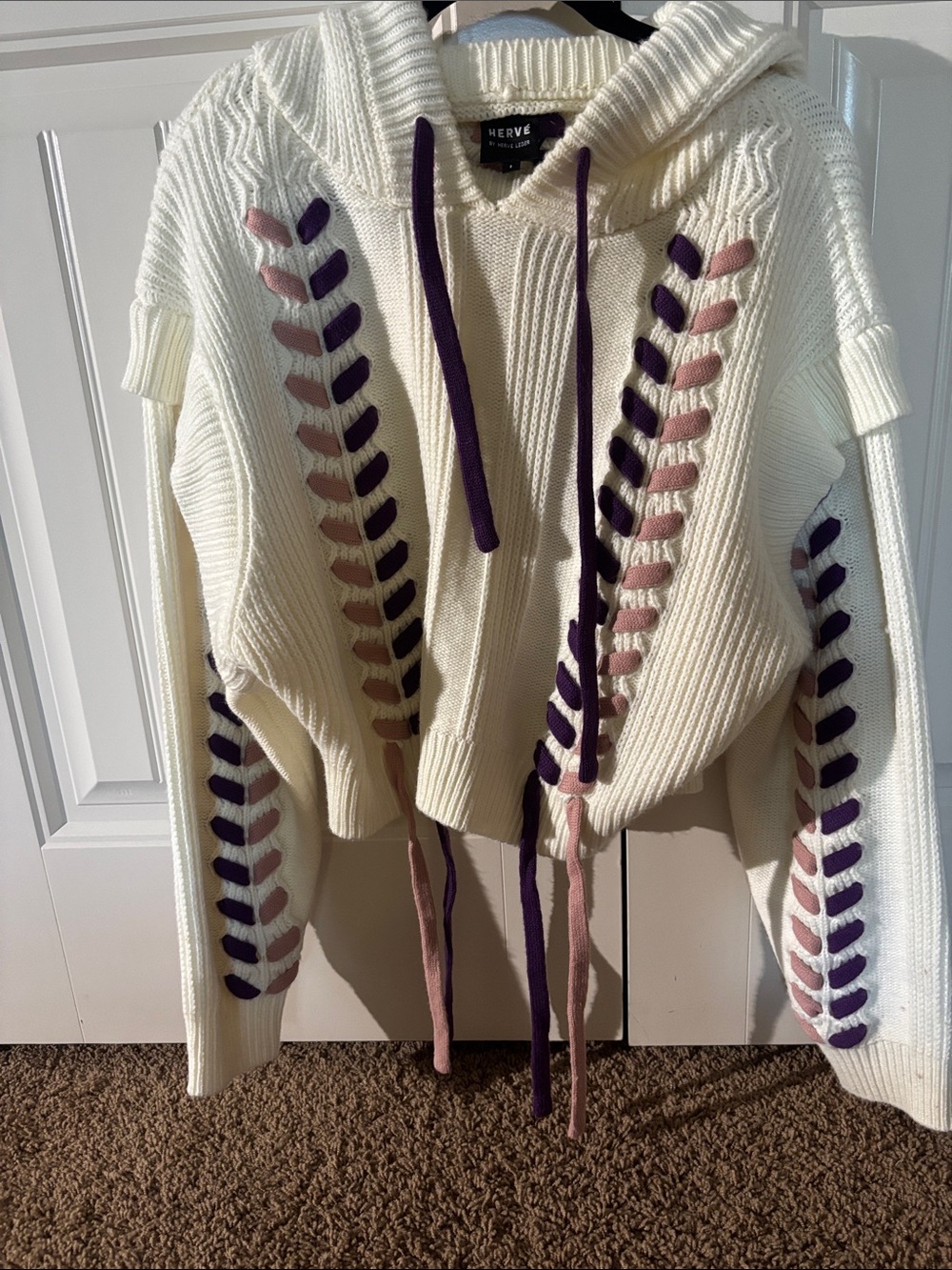 Herve Leger Ivory V-Neck Hoodie Sweater with Purple and Blush Braided Trim